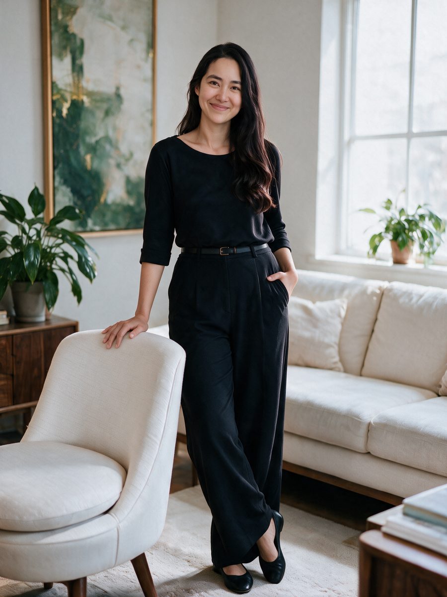 Amy Miller standing in a bright living room